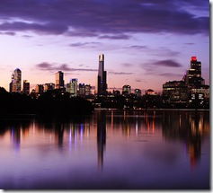 Melbourne at sunset. Image from http://flickr.com/photos/rtv/199179788/, licenced under CC 2.0.